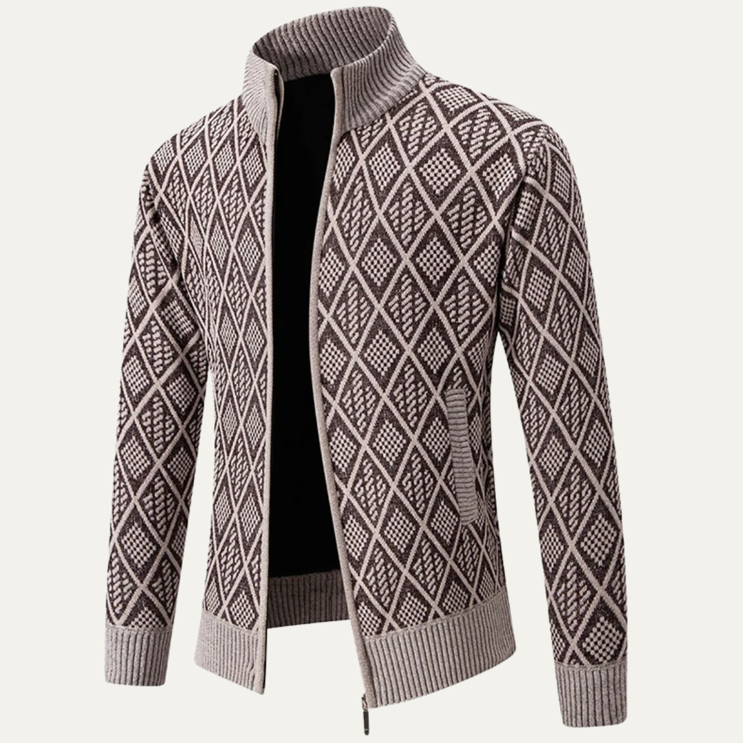 Mens Knit Zip Jacket with Diamond Pattern Stand Collar