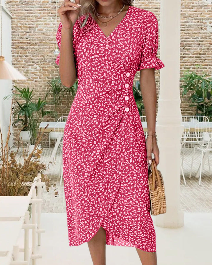 Womens Summer Dress Floral Pattern Short Sleeve Button Front