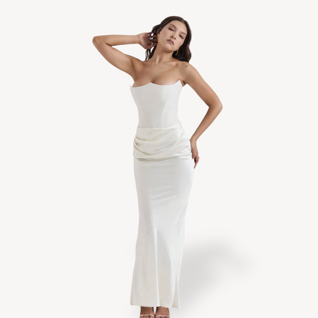 Womens Strapless Satin Corset Maxi Dress Formal Style