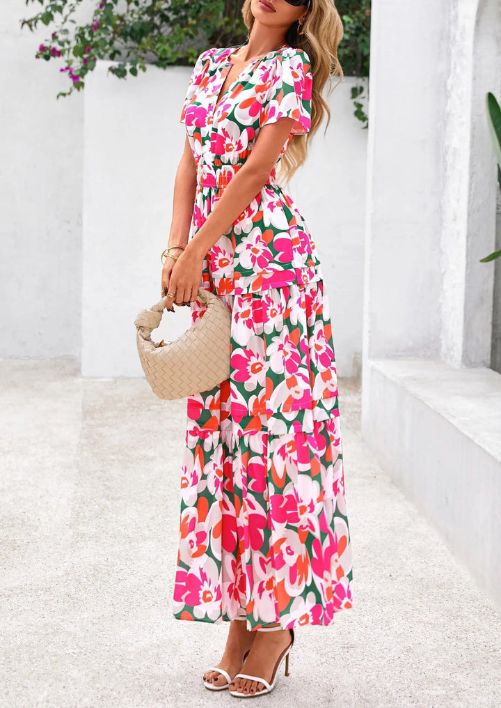 Womens Maxi Dress Floral Boho V-Neck Short Sleeve Flowy A-Line