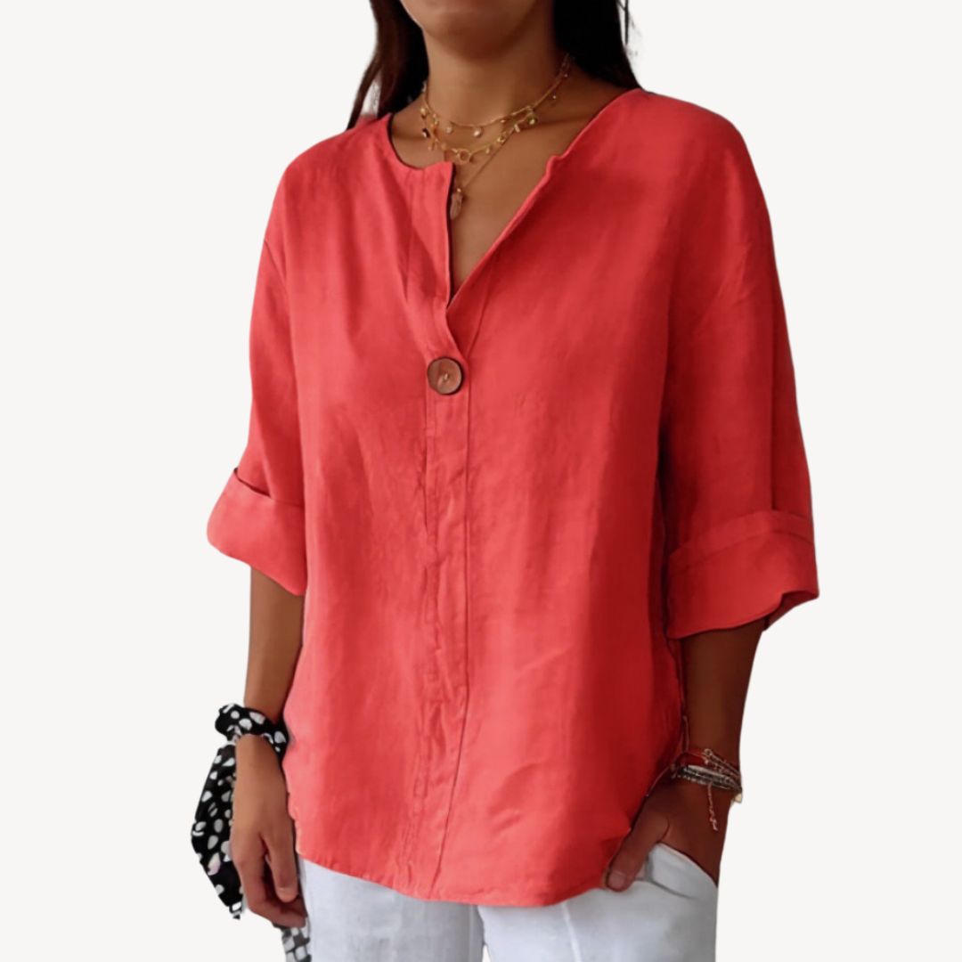 Womens Linen Blouse Long Sleeve V-Neck