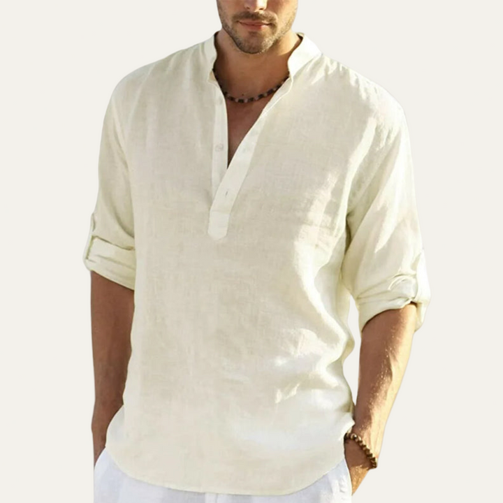 Mens Linen Shirt Collarless Placket Style