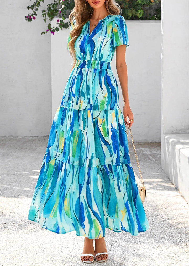 Womens Maxi Dress Floral Boho V-Neck Short Sleeve Flowy A-Line
