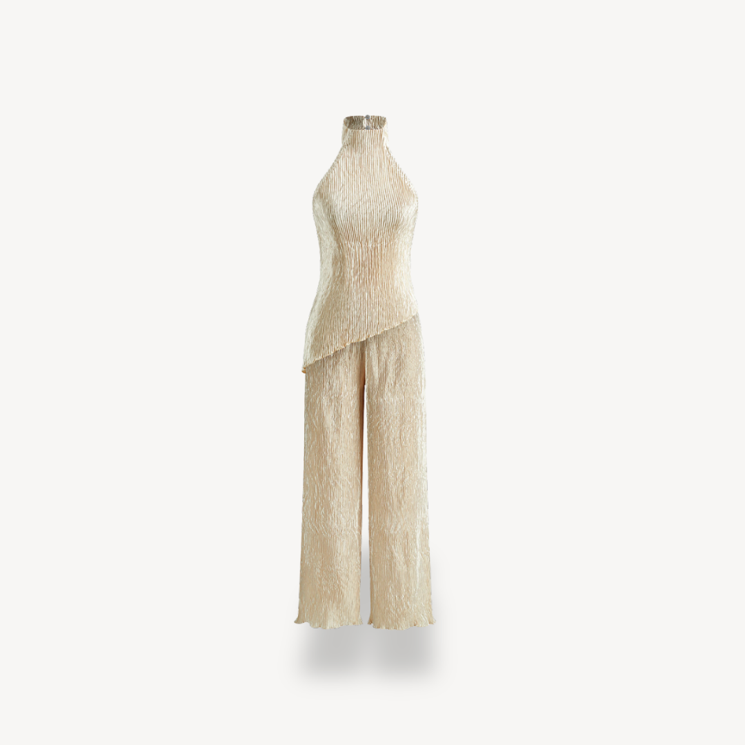 Womens Plissé Jumpsuit with Halter Neck Sleeveless