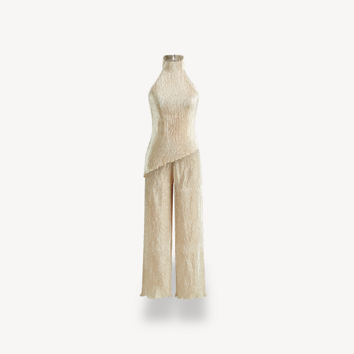 Womens Plissé Jumpsuit with Halter Neck Sleeveless