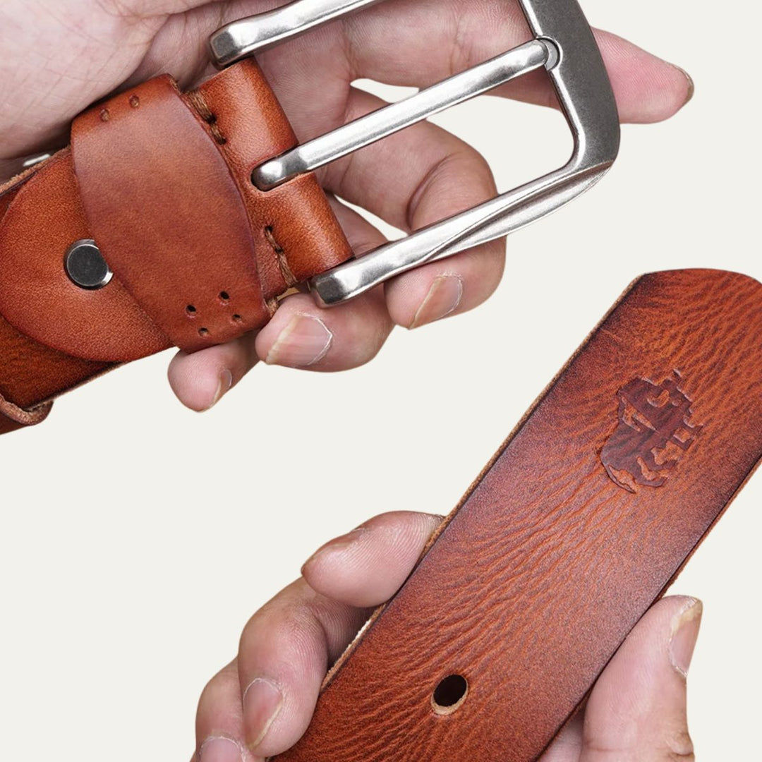 Mens Leather Belt Cowhide Vintage Classic Buckle