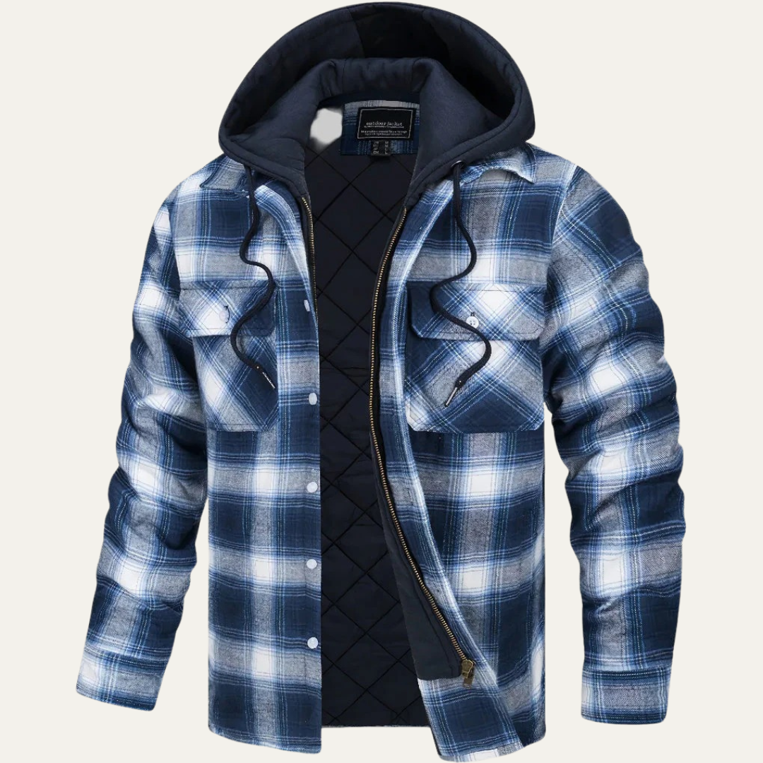 Mens Flannel Jacket with Plaid Pattern Removable Hood