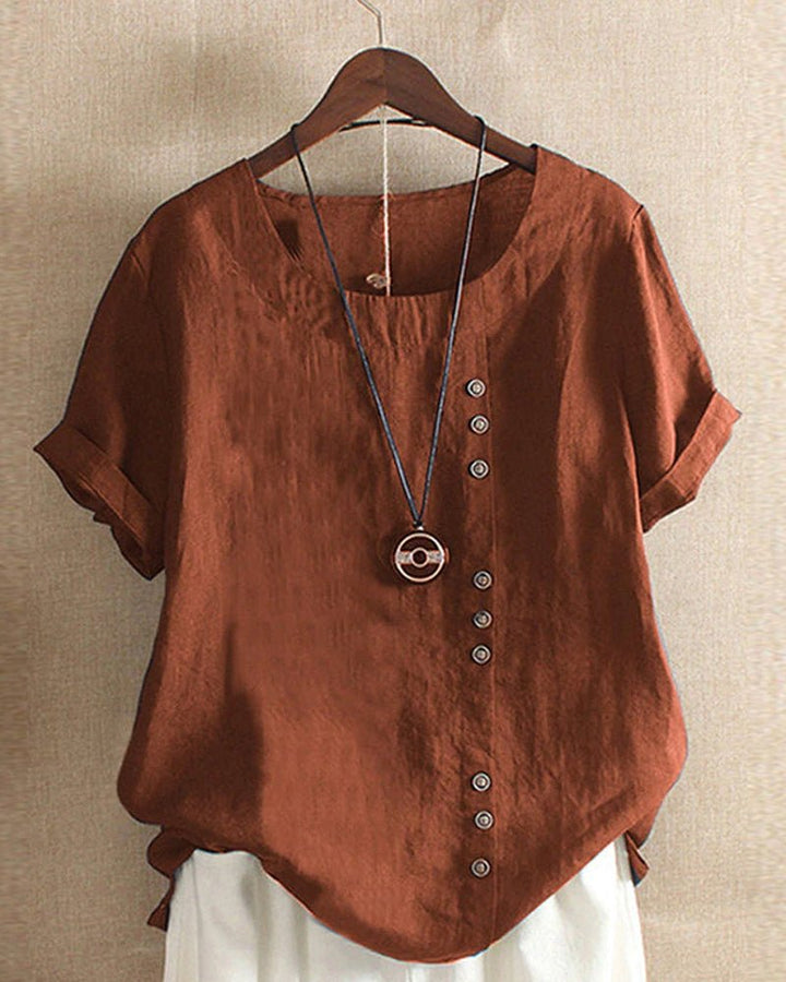 Womens Linen Blouse Casual Peasant Style Button Detail