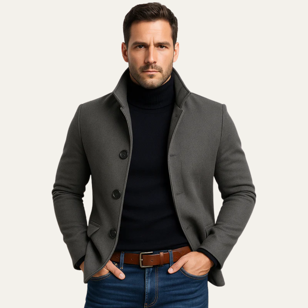 Mens Wool Coat Stand Collar Single Breasted - BritishMode