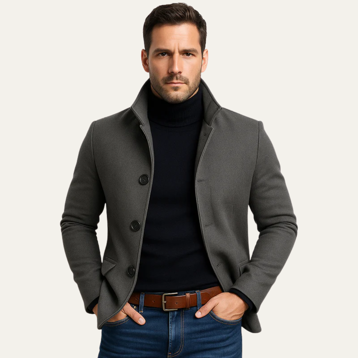 Mens Wool Coat Stand Collar Single Breasted - BritishMode