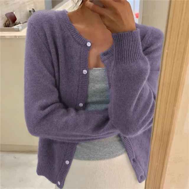 Womens Knit Cardigan Soft Fabric Round Neck Long Sleeve