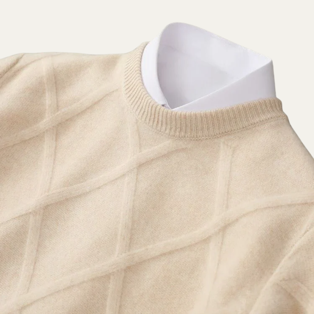 Mens Crew Neck Sweater Argyle Pattern Ribbed Fit