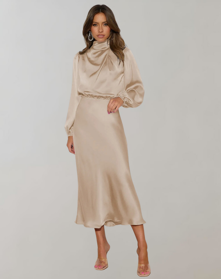 Womens Satin Bodycon Midi Dress Long Sleeve