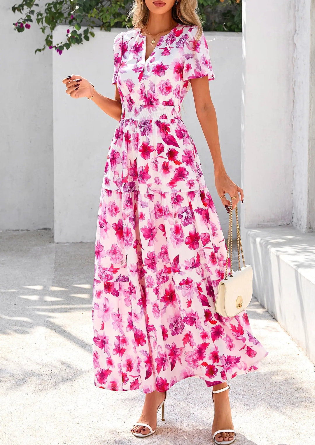 Womens Maxi Dress Floral Boho V-Neck Short Sleeve Flowy A-Line