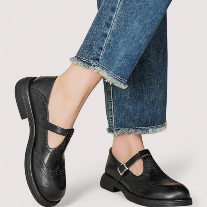 Womens Mary Jane Flat Shoes Brogue T-Bar Buckle Style