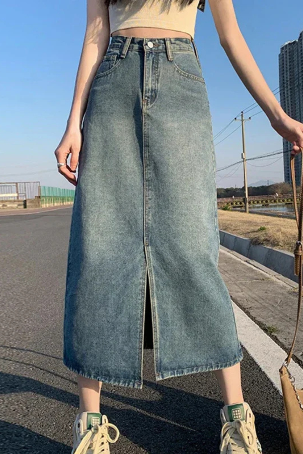 Womens Denim Maxi Skirt High Waist A-Line Front Split