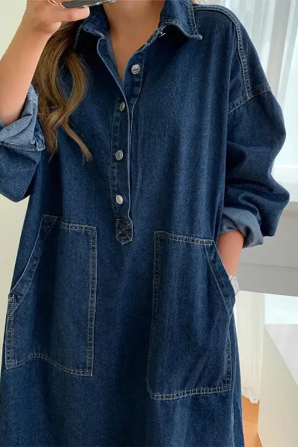 Womens Denim Maxi Dress Oversized Long Sleeve Collared with Pockets