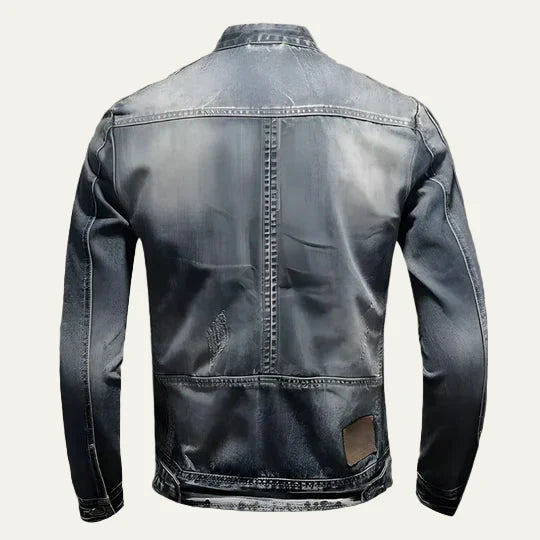 Mens Denim Biker Jacket Distressed Slim Fit