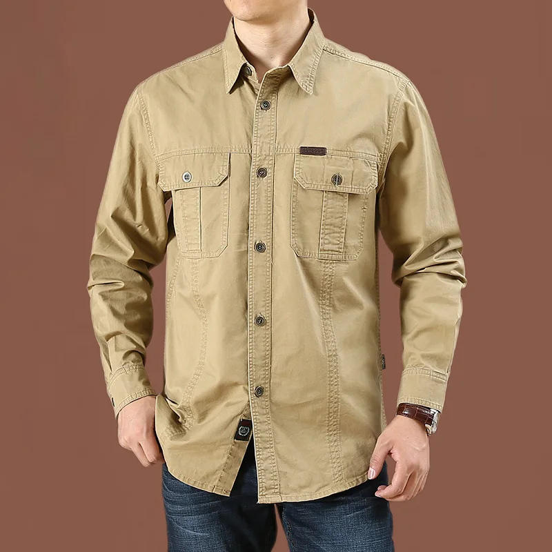 Unisex Work Shirt Cotton Relaxed Fit Long Sleeve with Pockets