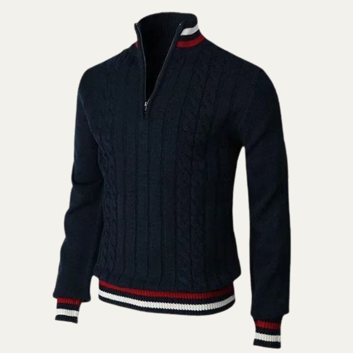 Mens Cable Knit Quarter Zip Sweater Contrast Trim Regular Fit