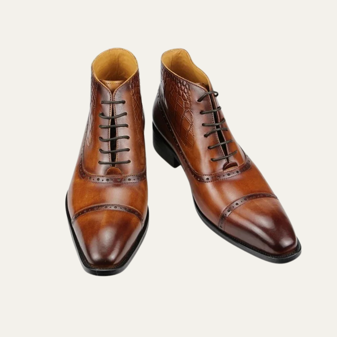 Mens Leather Brogue Dress Boots Lace-Up Ankle