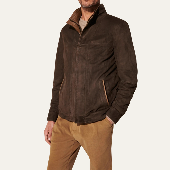 Mens Suede Bomber Jacket Retro Zip-Up Style