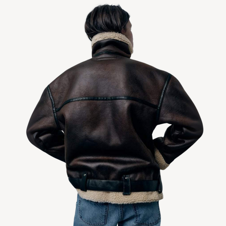 Womens Shearling Biker Jacket Faux Leather Slim Fit