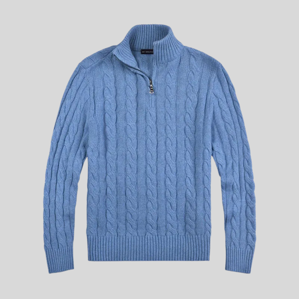 Mens Cable Knit Sweater Mock Neck Quarter Zip