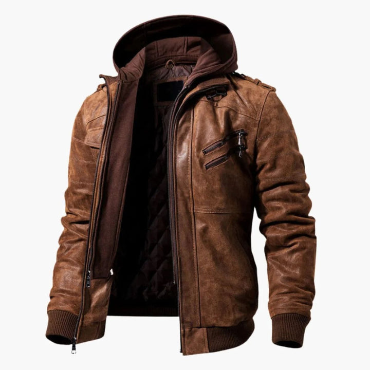 Mens Leather Bomber Jacket Hooded Classic Fit
