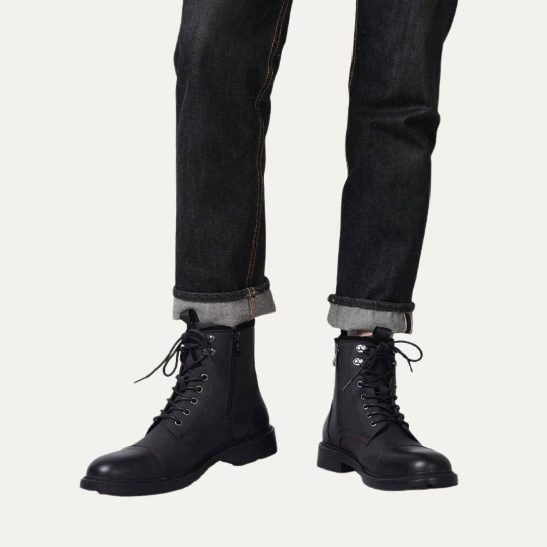 Mens Ankle Boots Leather Cap Toe Lace-Up Combat Style