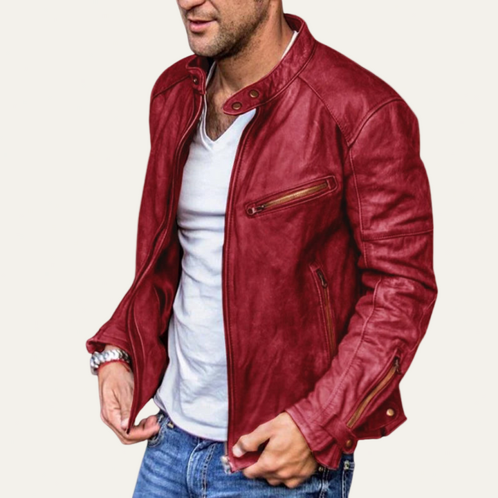 Mens Moto Jacket Faux Leather Stand Collar Vintage Style