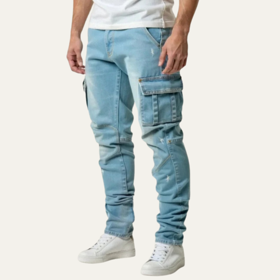 Mens Cargo Pants Denim Stretch Slim Fit