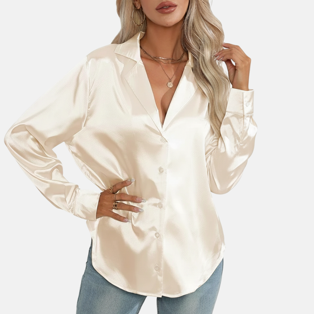 Womens Satin Button-Down Blouse Relaxed Fit Collared