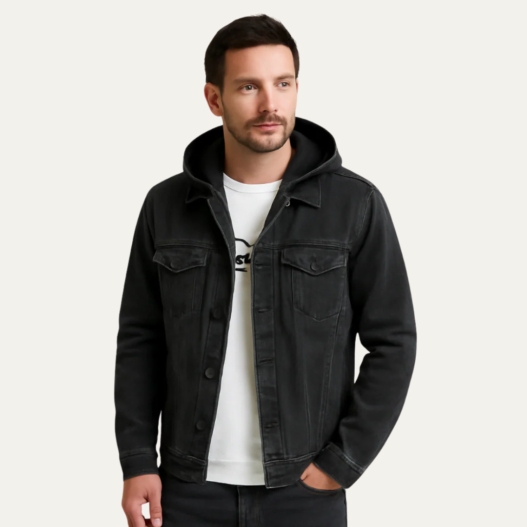 Mens Denim Jacket Hooded Button Front - BritishMode