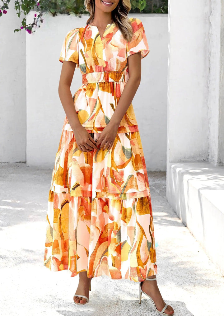 Womens Maxi Dress Floral Boho V-Neck Short Sleeve Flowy A-Line