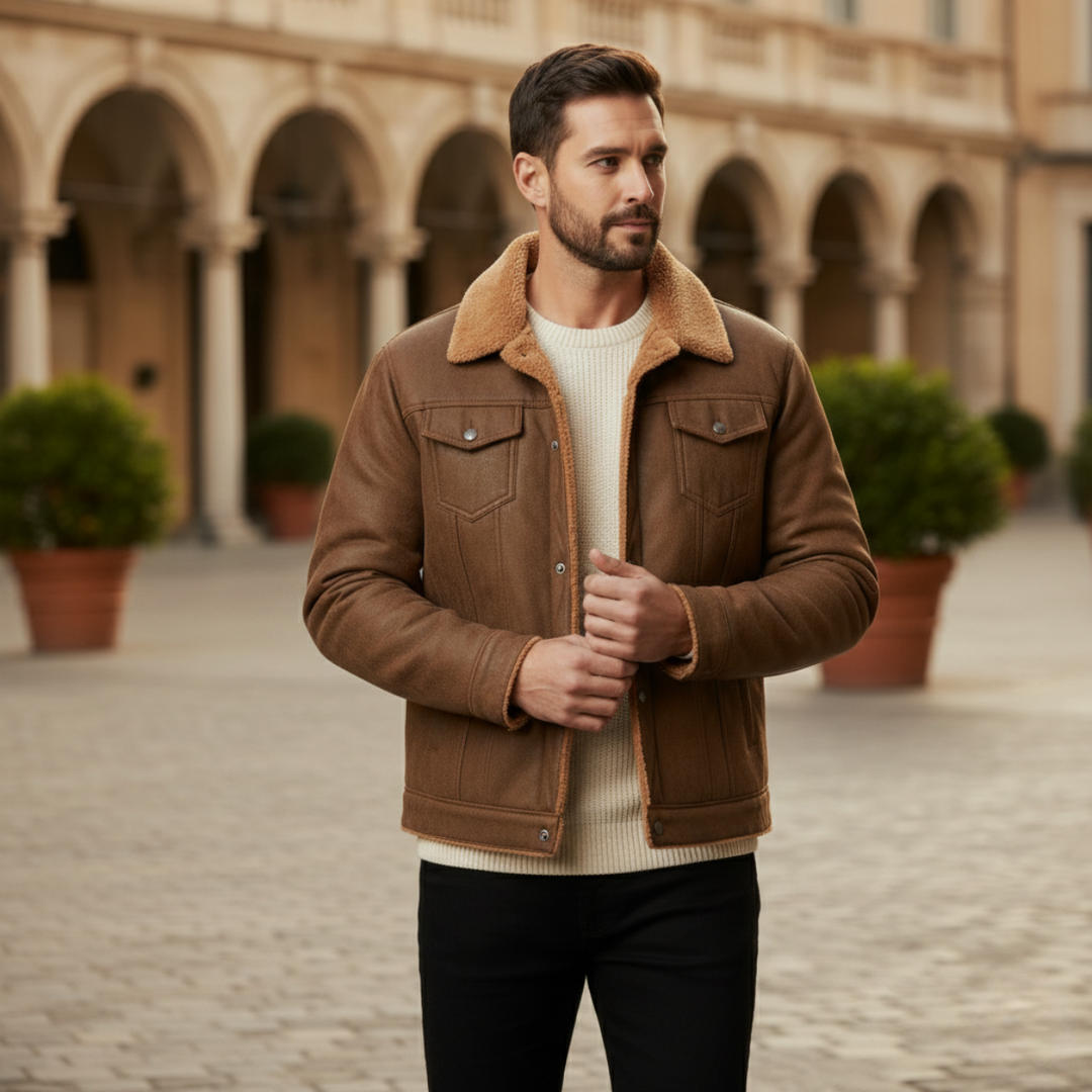 Mens Vintage Leather Jacket with Shearling Collar