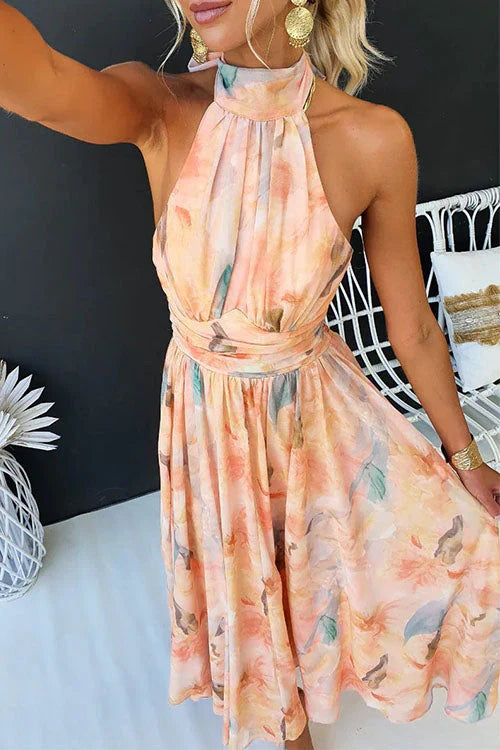 Womens Floral Dress with Petal Detail and Sunset Print