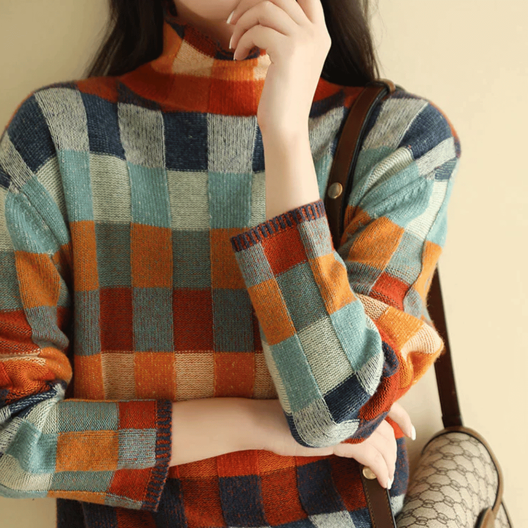 Womens Cashmere Turtleneck Sweater Patchwork Design