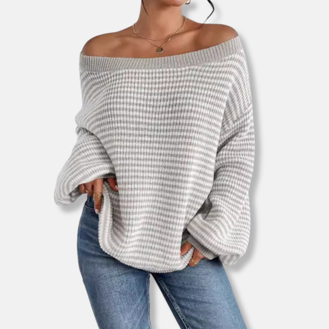 Womens Knitted Sweatshirt Textured Stripe Relaxed Fit Boat Neck