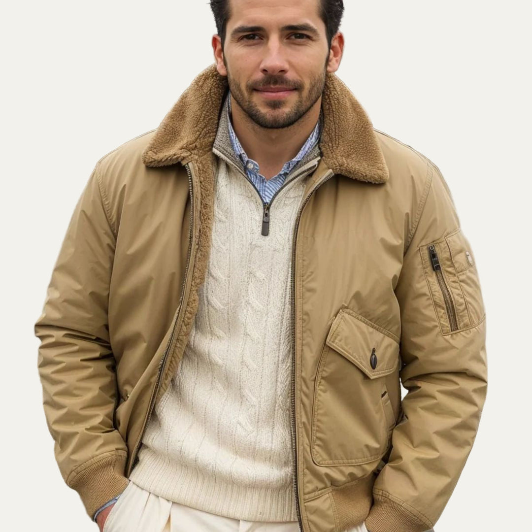 Mens Flight Jacket with Faux Shearling Collar Full Zip