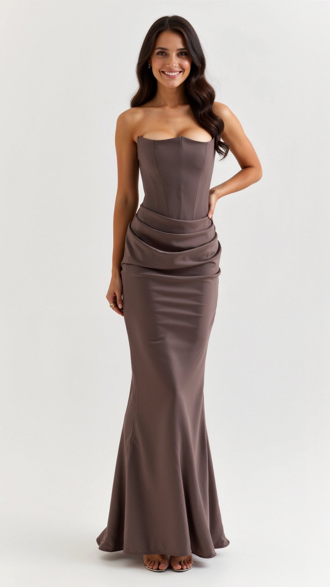 Womens Strapless Satin Maxi Dress Ruched