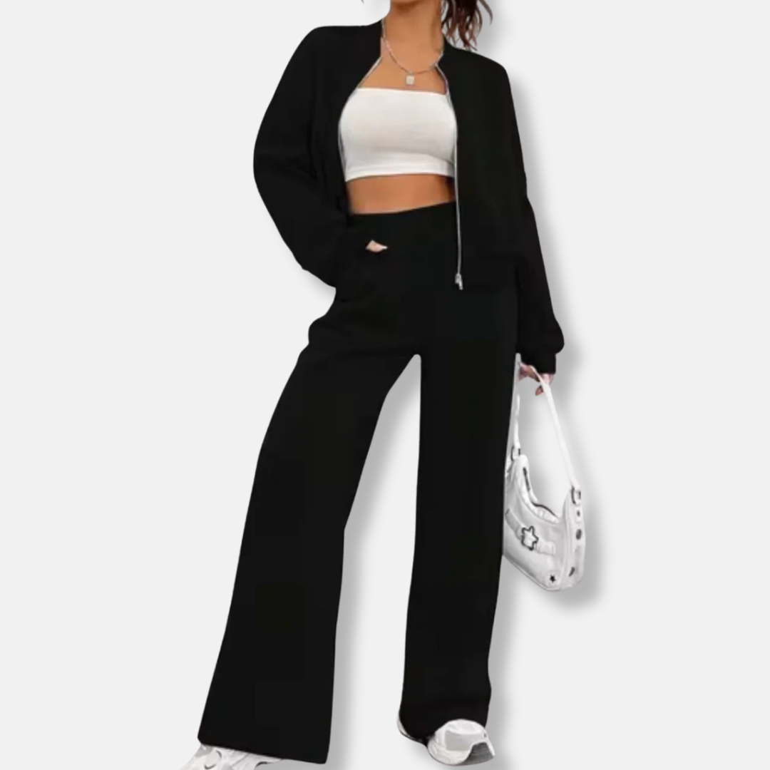 Womens Two-Piece Set Bomber Jacket Cropped Wide Leg Trousers