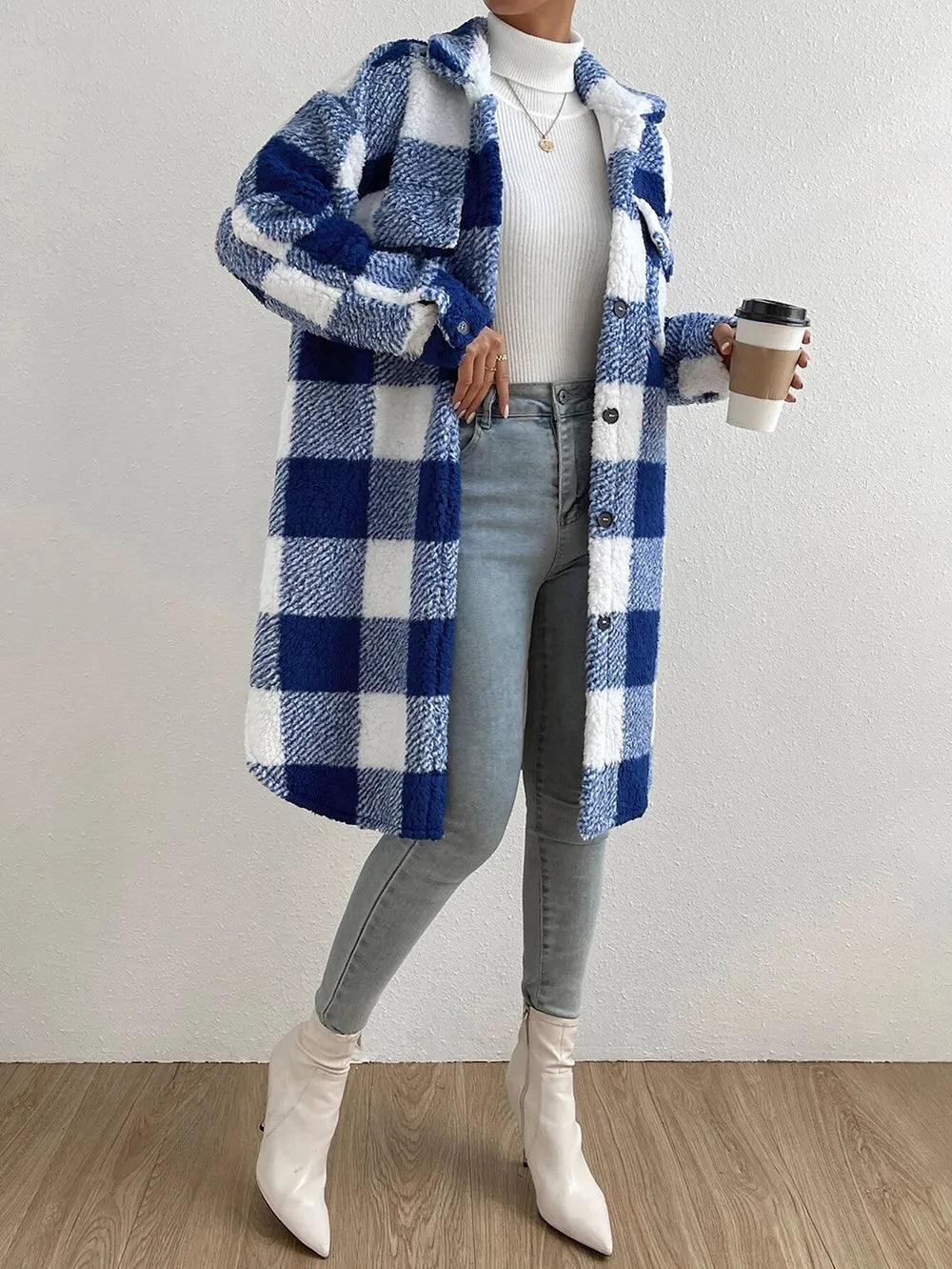 Womens Large Fit Checked Winter Coat Wool Blend