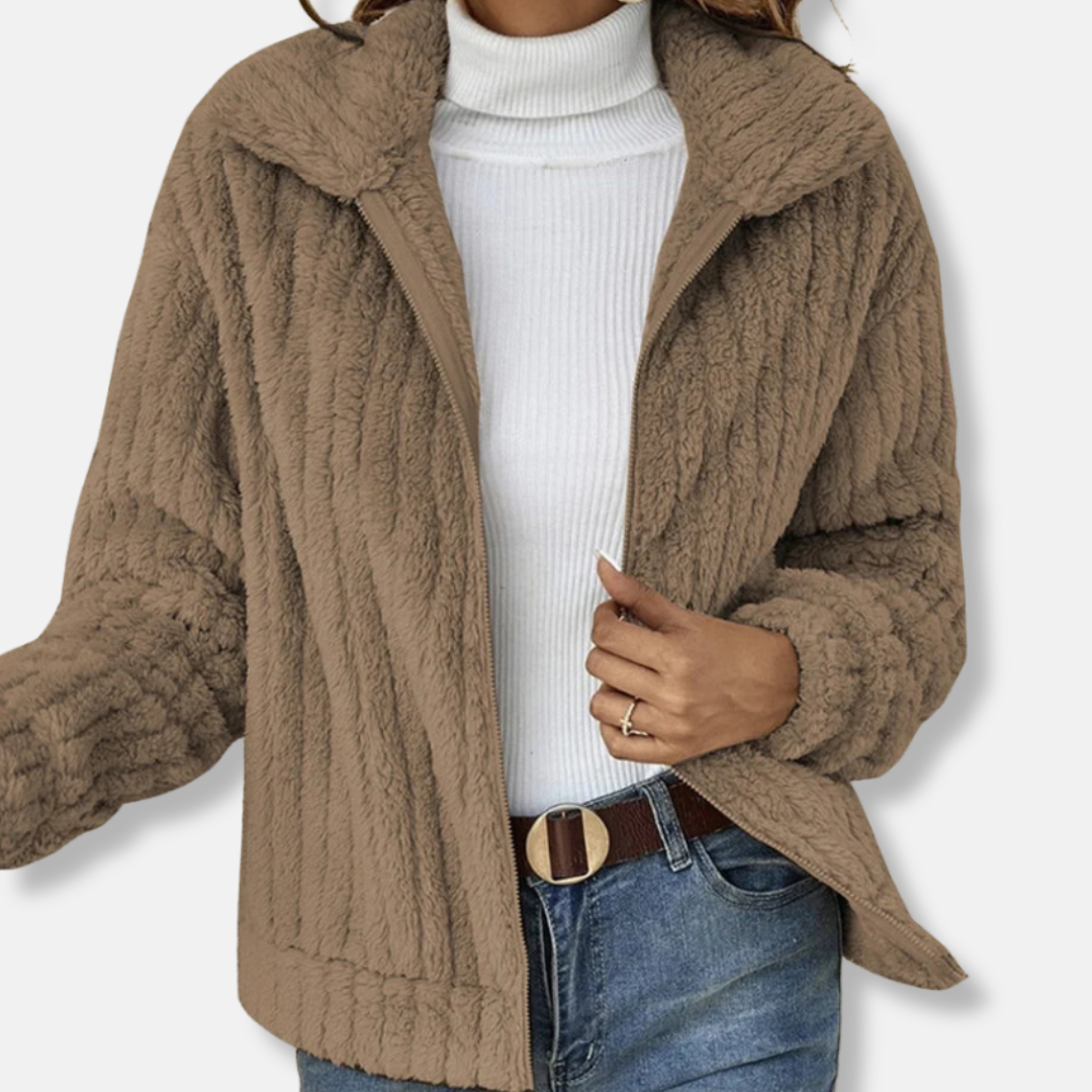 Womens Ribbed Teddy Bomber Jacket Cropped Relaxed Fit