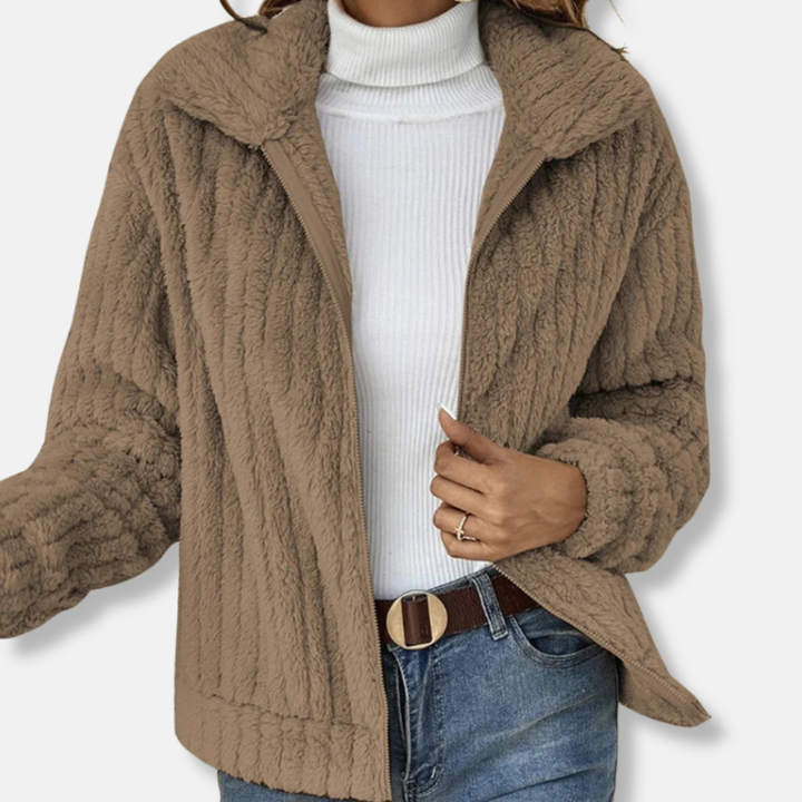 Womens Ribbed Teddy Bomber Jacket Cropped Relaxed Fit