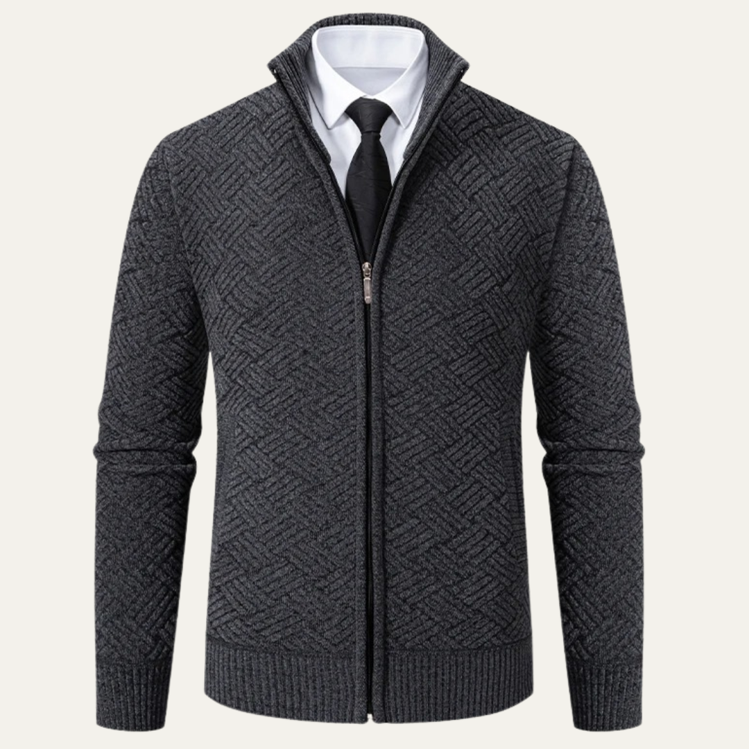 Mens Knit Jacket Diamond Pattern Stand Collar Elegant Fit