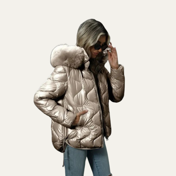 Womens Quilted Puffer Jacket Metallic Insulated Fit