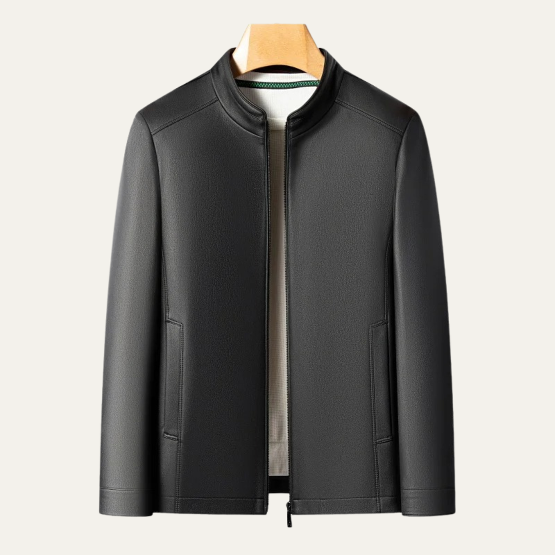 Mens Leather Casual Jacket with Stand Collar