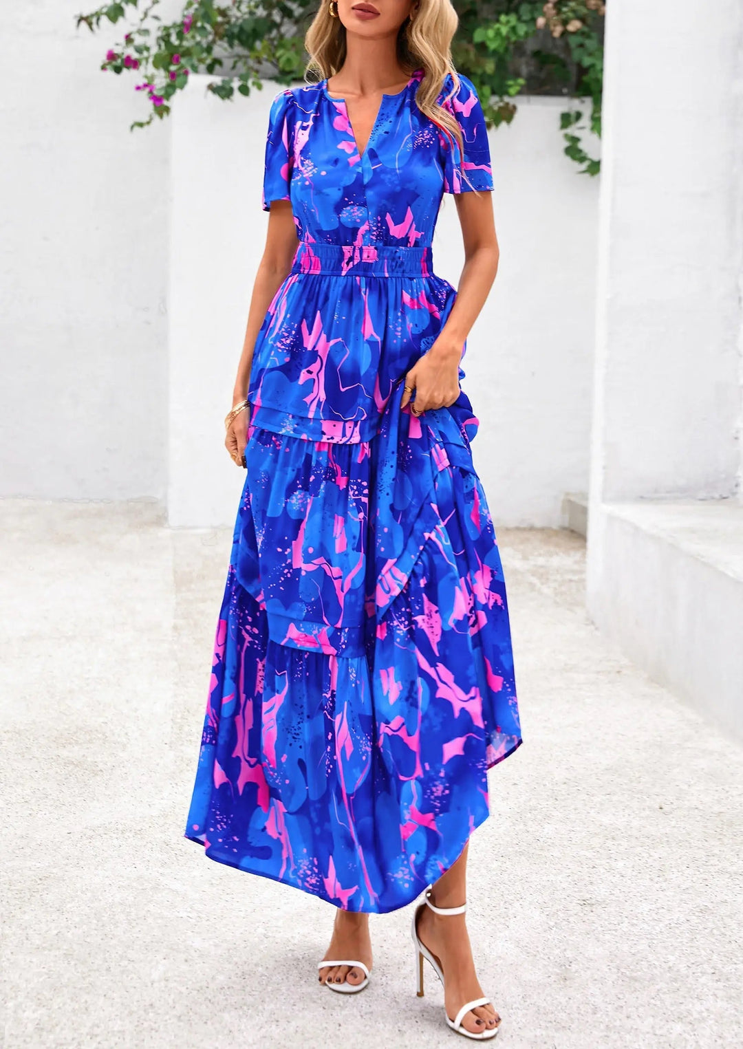 Womens Maxi Dress Floral Boho V-Neck Short Sleeve Flowy A-Line