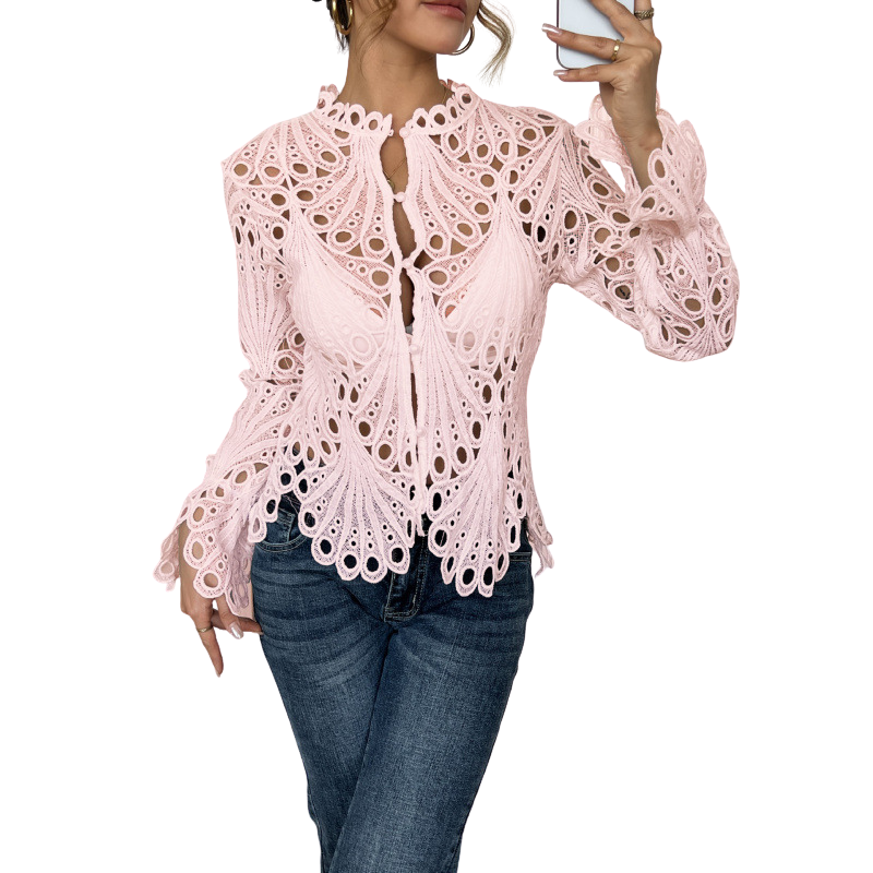 Womens Lace Blouse with Cutwork Long Sleeve Hollow Out